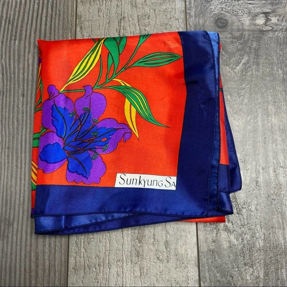 Red & Navy Floral Silk Scarf